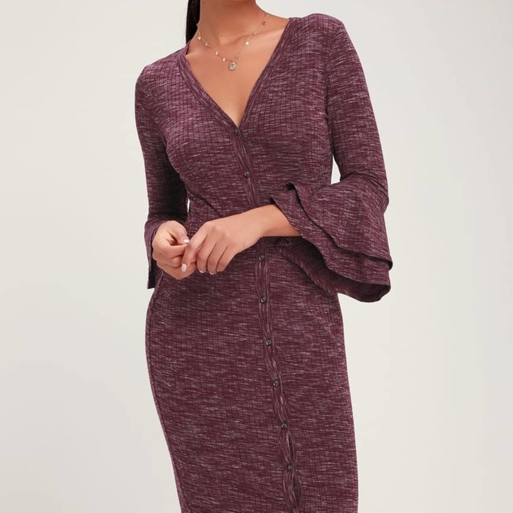 Lulu’s Jony Heathered Burgundy Ribbed Button-Up Midi Sweater Dress - Size S